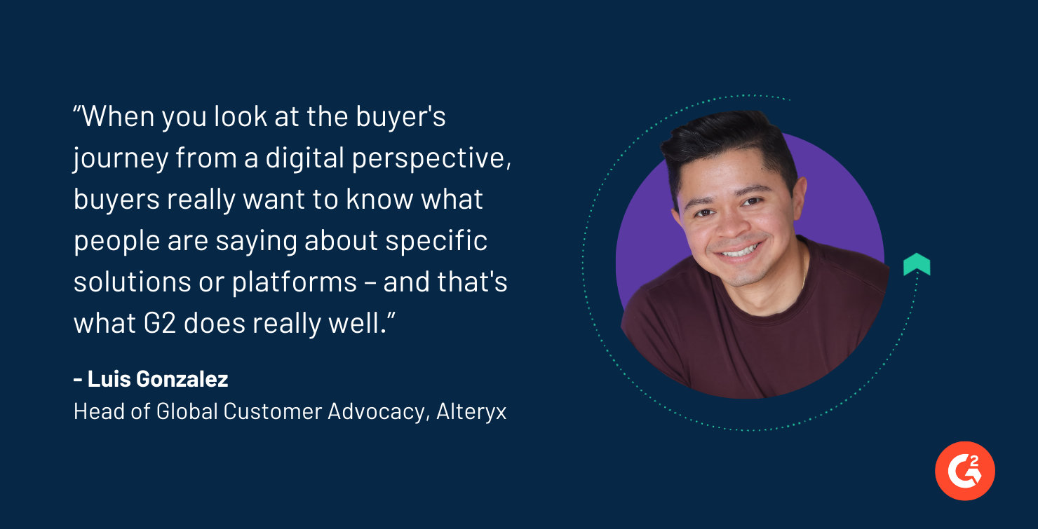 “When you look at the buyer's journey from a digital perspective, buyers really want to know what people are saying about specific solutions or platforms – and that's what G2 does really well.”  Luis Gonzalez Head of Global Customer Advocacy, Alteryx