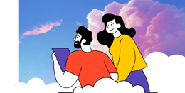 Two illustrated people look out over the clouds into the future.