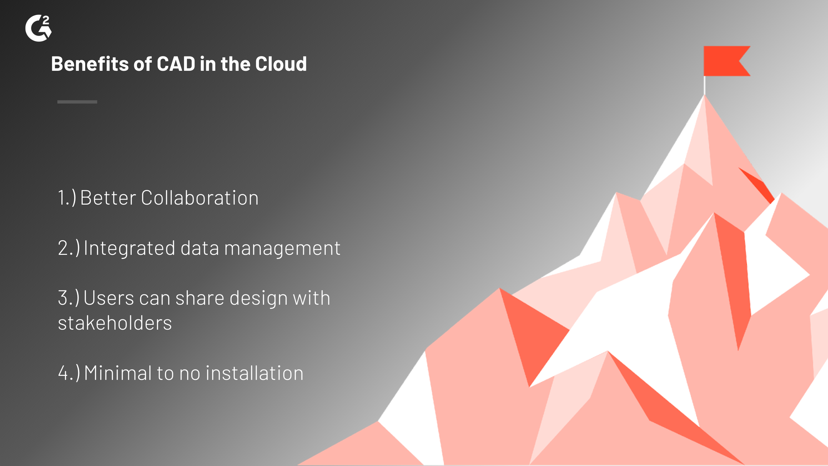Graphic showing benefits of CAD in the Cloud: better collaboration, integrated data management, users can share design with stakeholders, and minimal to no installation